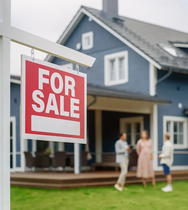 A red FOR SALE sign hangs in the foreground of a large, modern blue house, with three people standing on the lawn in the blurred background.
